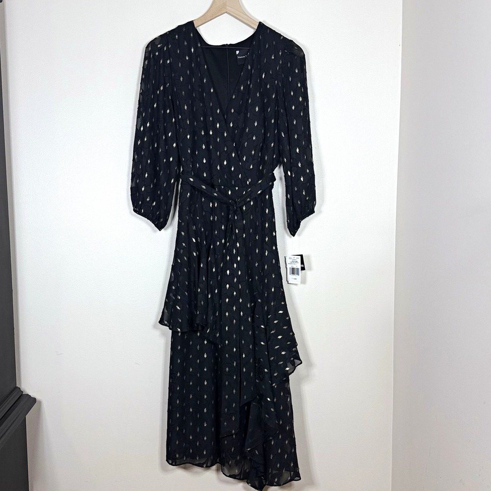 Maison Tara Womens Dress Size 14 Black Gold Tiered Midi Balloon Sleeve Cocktail